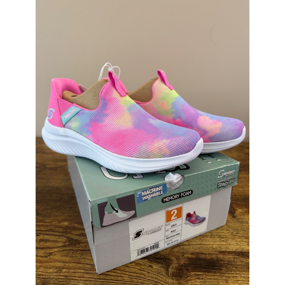 S Sport by Skechers Baily Girls 2 Pink Tie Dye Hands Free Step-Ins Sneakers NIB
